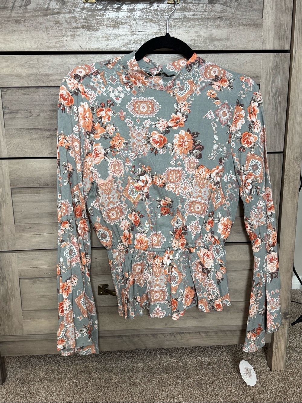 Savanna Jane Sage Floral Peplum Blouse with Coral Accents